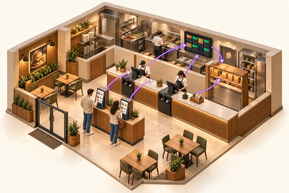 Vue 3D d’un fast-food avec caisses au comptoir, bornes de commande, écrans KDS en cuisine et monnayeurs automatiques côté client